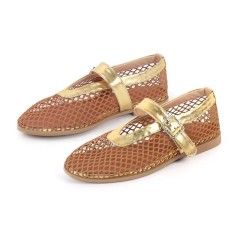 Round Toe Mary Janes Buckle Strap Mesh Ballet Loafers Flats - Gold Mesh