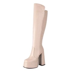 Square Toe Chunky Heels Crocodile Pattern Platforms Knee Highs Boots - Beige Patent