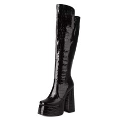 Square Toe Chunky Heels Crocodile Pattern Platforms Knee Highs Boots - Black Patent