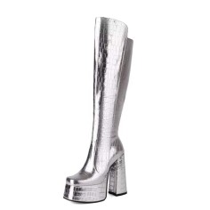 Square Toe Chunky Heels Crocodile Pattern Platforms Knee Highs Boots - Silver Patent