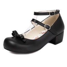 Round Toe Chunky Heels Bowknot Mary Janes Ankle Buckle Straps Pumps - Black Faux Leather