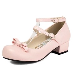 Round Toe Chunky Heels Bowknot Mary Janes Ankle Buckle Straps Pumps - Pink Faux Leather