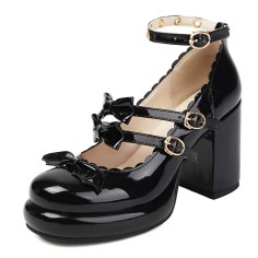 Round Toe Chunky Heels Double Mary Janes Straps Bowknot  Low Platforms Pumps - Black Patent
