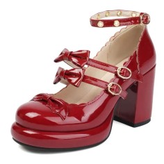 Round Toe Chunky Heels Double Mary Janes Straps Bowknot  Low Platforms Pumps - Red Patent
