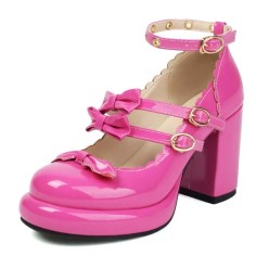 Round Toe Chunky Heels Double Mary Janes Straps Bowknot  Low Platforms Pumps - Rose Patent