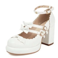 Round Toe Chunky Heels Double Mary Janes Straps Bowknot  Low Platforms Pumps - White Patent