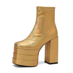 Round Toe Trible Platform Chunky Heels Ankle Highs Side Zipper Metallic Boots - Gold Faux Leather