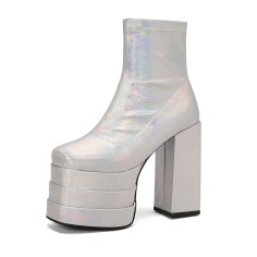 Round Toe Trible Platform Chunky Heels Ankle Highs Side Zipper Metallic Boots - White Faux Leather