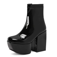 Square Toe Chunky Block Heels Ankle Highs Side Zipper Platforms Boots - Black Patent