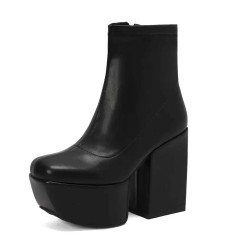Square Toe Chunky Block Heels Ankle Highs Side Zipper Platforms Boots - Black Faux Leather