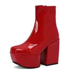 Square Toe Chunky Block Heels Ankle Highs Side Zipper Platforms Boots - Red Patent