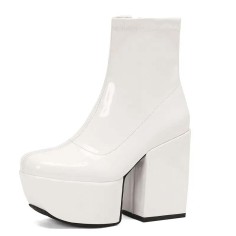 Square Toe Chunky Block Heels Ankle Highs Side Zipper Platforms Boots - White Patent