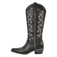 Pointed Toe Side Zipper Chunky Heels Western Style Knee Highs Cowboy Boots - Black Faux Leather