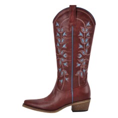 Pointed Toe Side Zipper Chunky Heels Western Style Knee Highs Cowboy Boots - Burgundy Faux Leather