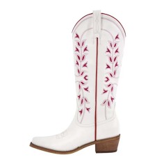 Pointed Toe Side Zipper Chunky Heels Western Style Knee Highs Cowboy Boots - White Faux Leather