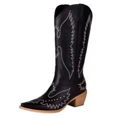 Pointed Toe Knee Highs Western Style Embroidered Wood Grain Chunky Heels Cowboy Boots - Black Faux Leather