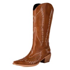Pointed Toe Knee Highs Western Style Embroidered Wood Grain Chunky Heels Cowboy Boots - Brown Faux Leather