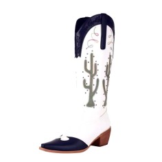 Pointed Toe Cactus Embroidered Patchwork Knee Highs Chunky Heels Cowboy Boots - Blue Faux Leather
