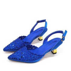 Pointed Toe Rhinestones Decorated Kitten Heels Slingback Pumps  - Blue Synthetic