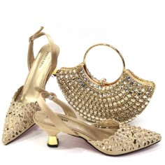 Pointed Toe Rhinestones Decorated Kitten Heels Slingback Pumps with Bag  - Gold Synthetic