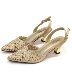 Pointed Toe Rhinestones Decorated Kitten Heels Slingback Pumps  - Gold Synthetic