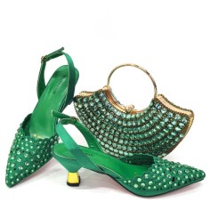 Pointed Toe Rhinestones Decorated Kitten Heels Slingback Pumps with Bag  - Green Synthetic