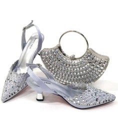 Pointed Toe Rhinestones Decorated Kitten Heels Slingback Pumps with Bag  - Silver Synthetic