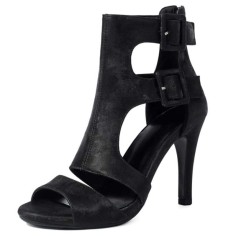 Peep Toe Ankle Buckle Straps Stiletto Heels Elegant Sandals - Black Flock