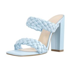 Open Toe Chunky Heel Slip On Mules Summer Sandals - SkyBlue Faux Leather