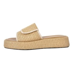 Peep Toe Straw Platform Flats Slippers - Beige Synthetic