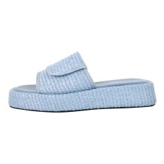 Peep Toe Straw Platform Flats Slippers - Blue Synthetic