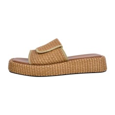 Peep Toe Straw Platform Flats Slippers - Brown Synthetic
