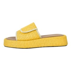 Peep Toe Straw Platform Flats Slippers - Yellow Synthetic