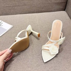 Pointed Open Toe Rose Straps High Heels Slippers Sandals - White Satin