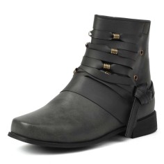 SqaureToe Ankle Highs Retro Casual Metal Decoration Ankle Highs Flats Boots - Black Faux Leather