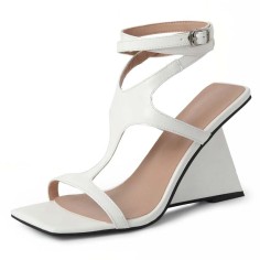 Square Open Toe T Straps Ankle Buckle Straps Wedges Sandals - White Patent