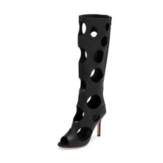 Peep Toe Stiletto Heels Hollowed Circles Stylish Knee Highs Back Zipper Breathable Boots - Black Faux Leather