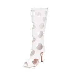 Peep Toe Stiletto Heels Hollowed Circles Stylish Knee Highs Back Zipper Breathable Boots - White Faux Leather