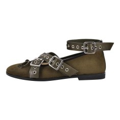 Round Toe Butterfly Knot Ankle Buckle Straps Punk Flats - Green Satin