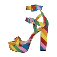 Peep Toe Chunky Heels Platforms Colorful Rainbow Ankle buckle Straps Summer Sandals - Multicolor Canvas