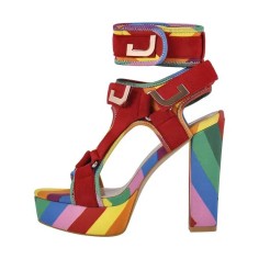 Peep Toe Chunky Heels Platforms Colorful Rainbow T Ankle Buckle Straps Summer Sandals - Red Canvas