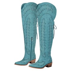 Pointed Toe Chunky Heels Western Style Thigh Highs Western Cowgirl Boots - Blue Flock