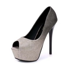 Peep Toe Platforms Glitters Stiletto Heels Elegant Pumps - Gold Sequined Cloth