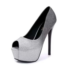 Peep Toe Platforms Glitters Stiletto Heels Elegant Pumps - Silver Sequined Cloth