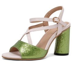 Peep Toe Chunky Heels Ankle Buckle Cross Straps Vintage Surface Summer Sandals  - Green Faux Leather