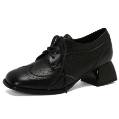 Round Toe Lace Up Chunky Heels Party Office Pumps Loafers  - Black Faux Leather