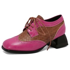 Round Toe Lace Up Chunky Heels Party Office Pumps Loafers  - Rose Faux Leather