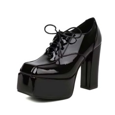 Square Toe Lace Up Chunky Heels Low Platforms Loafers Pumps - Black Patent