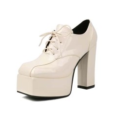 Square Toe Lace Up Chunky Heels Low Platforms Loafers Pumps - White Patent