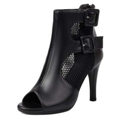 Peep Toe Ankle Buckle Straps Stiletto Heels Net Elegant Sandals - Black Faux Leather